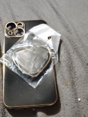 Gold-Trim Black Phone Case with Heart Ring Holder